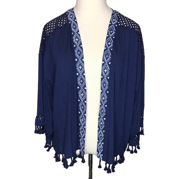 Miss Me Size Large-Navy Open Front Kimono Embroidery and Tassels-New With Tags - Picture 1 of 14